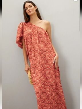 LoboRosa Orange Shell Print One Shoulder Shift Dress Size S